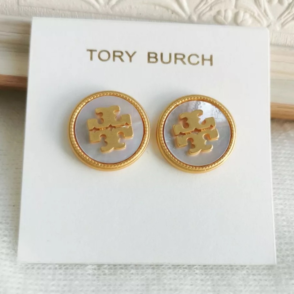 Tory Burch stud earrings white stone with gold